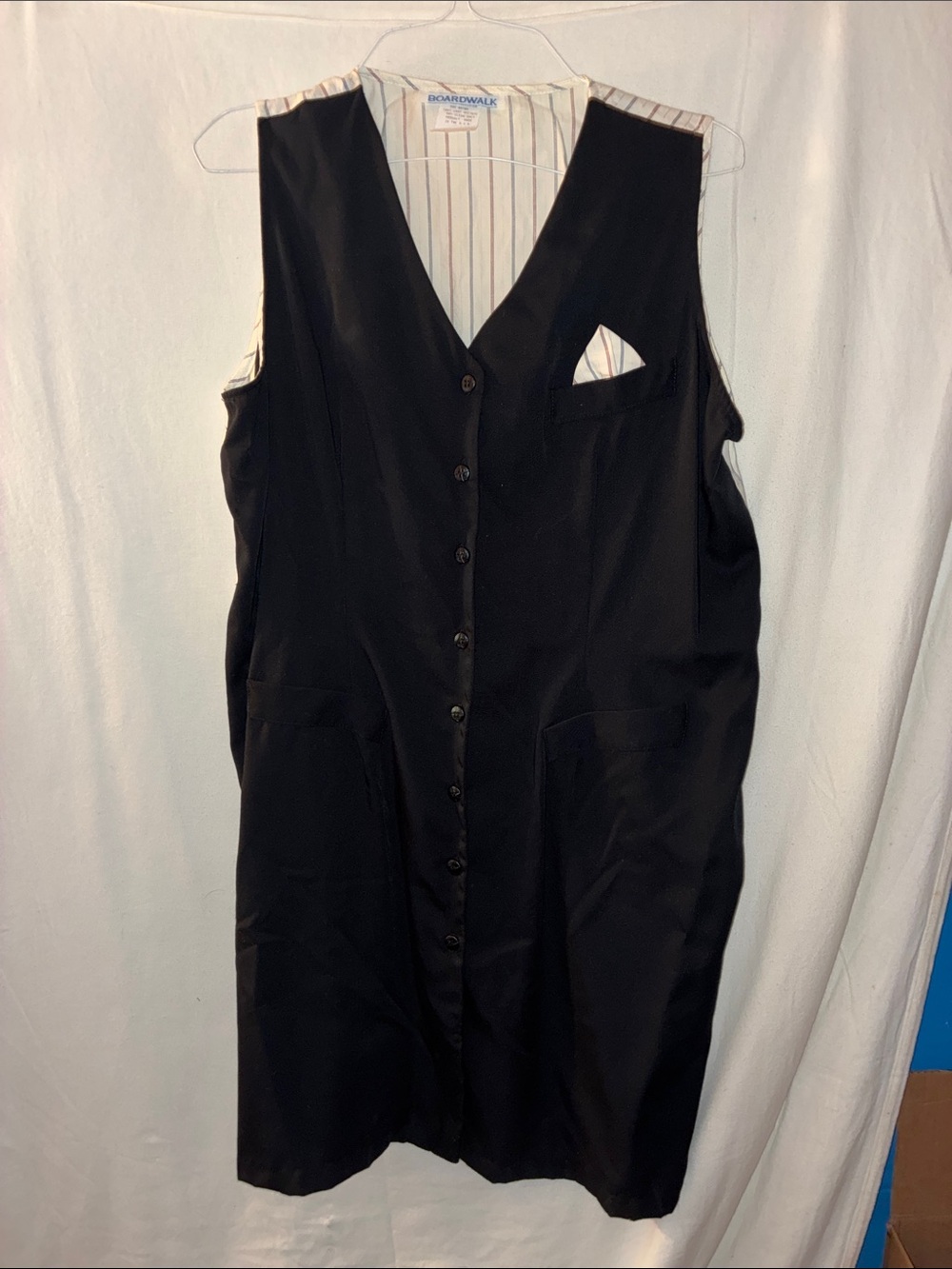 Vintage Boardwalk Black Button-Front Vest Dress with Pocket Square